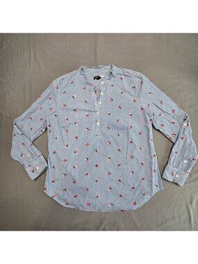 Talbots Medium Button Down Blue Gingham Floral Embroidered Long Sleeve Blouse